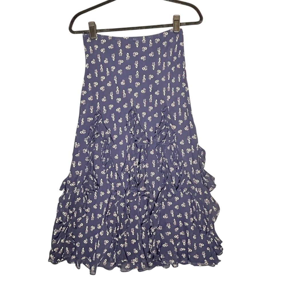 VTG Ralph Lauren LRL Silk Skirt PS‎ Blue Floral Ruffle Cottagecore Fairycore Y2K
